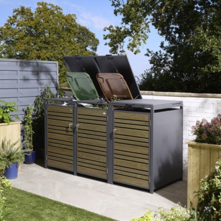 Contemporary Metal Triple Bin Store - Oak