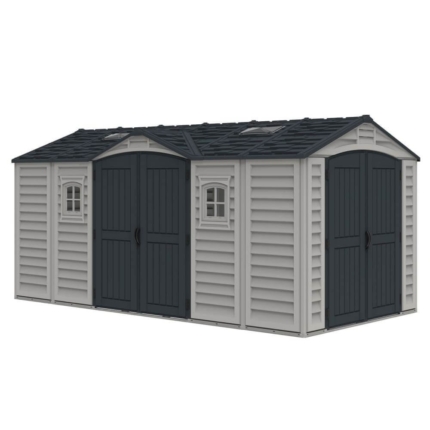 Vinyl Apex Storage Building 15x8ft with Foundation Kit, Windows & Side Door