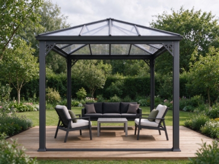 3 x 3 m Steel Gazebo with Polycarbonate Hard Roof, Charcoal