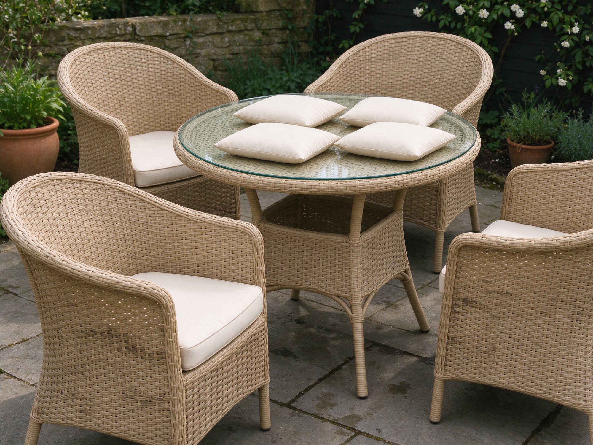 4-Seater Rattan-Effect Bistro Dining Set, Natural 4-Seater Rattan-Effect Bistro Dining Set, Natural