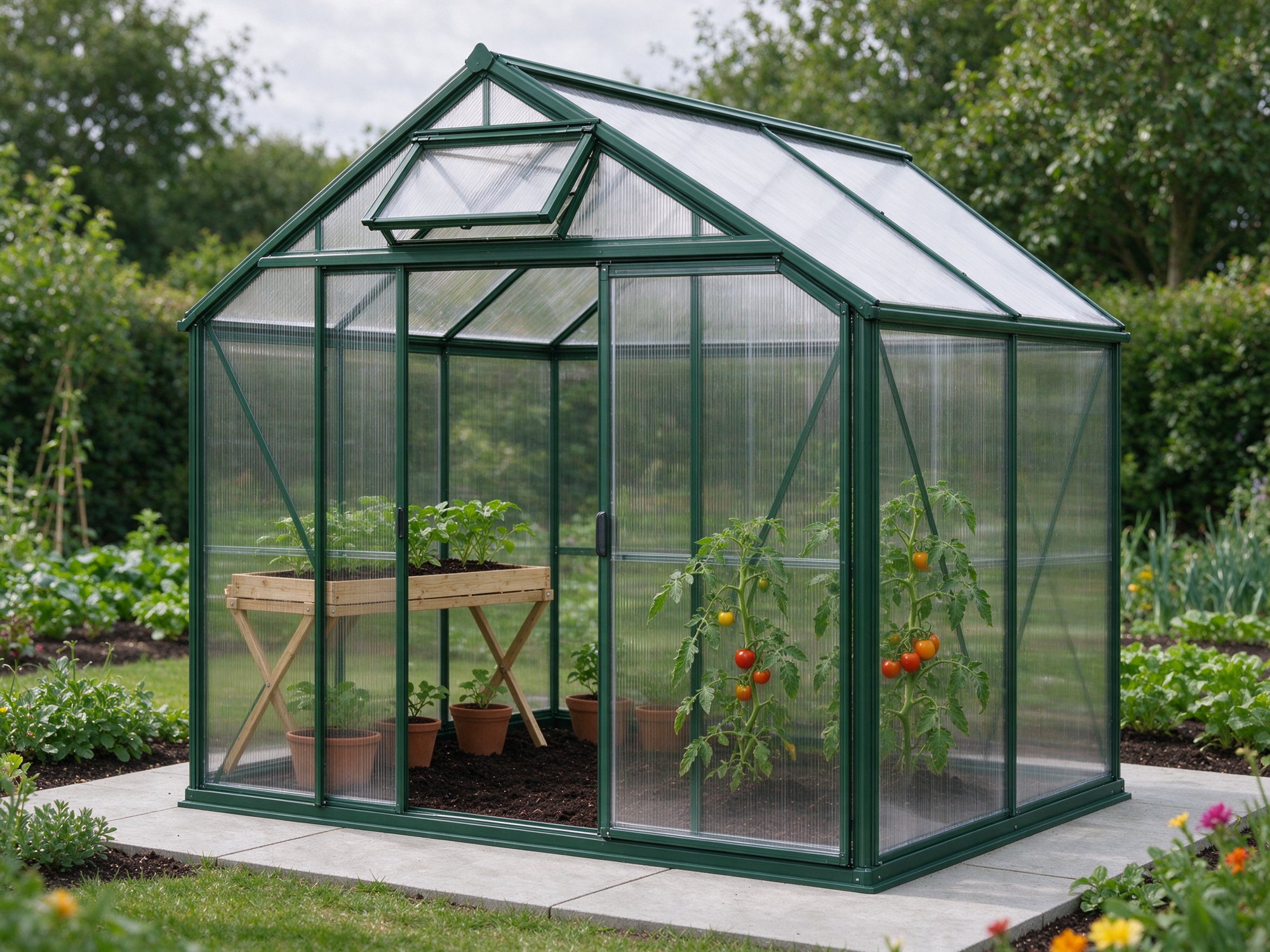 6 x 8 ft Polycarbonate Greenhouse with Roof Vent, Green 6 x 8 ft Polycarbonate Greenhouse with Roof Vent, Green