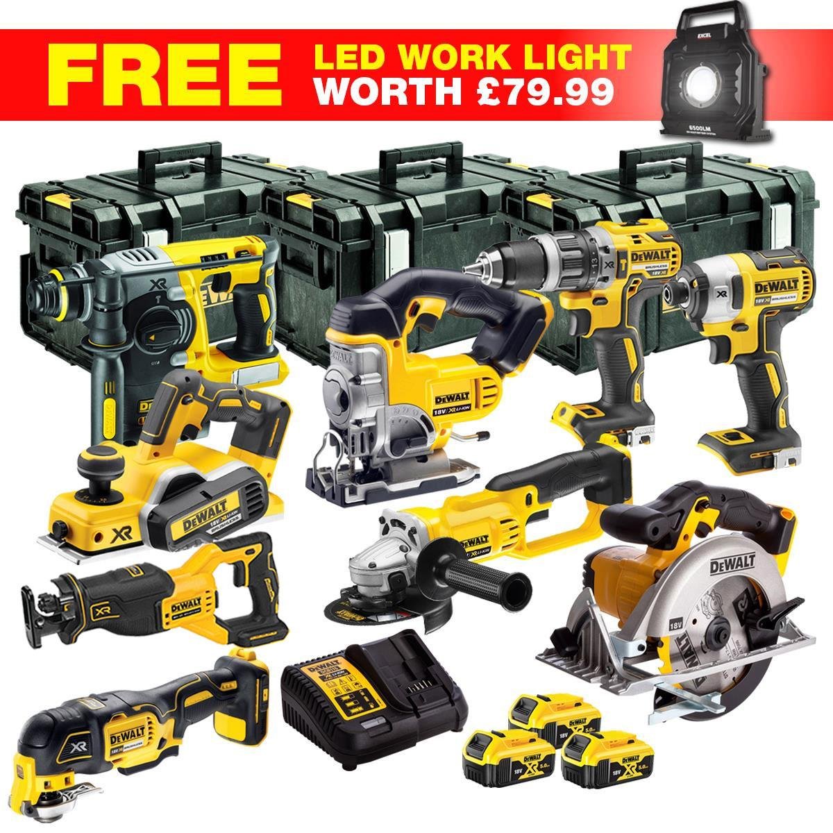 dewalt dckt4t10wlf 18v xr 10 piece power tool kit with 3 x 5 0ah batte 1 DeWalt DCKT4T10WLF 18V XR 10 Piece Power Tool Kit with 3 x 5.0Ah Batteries & Toughsystem Box