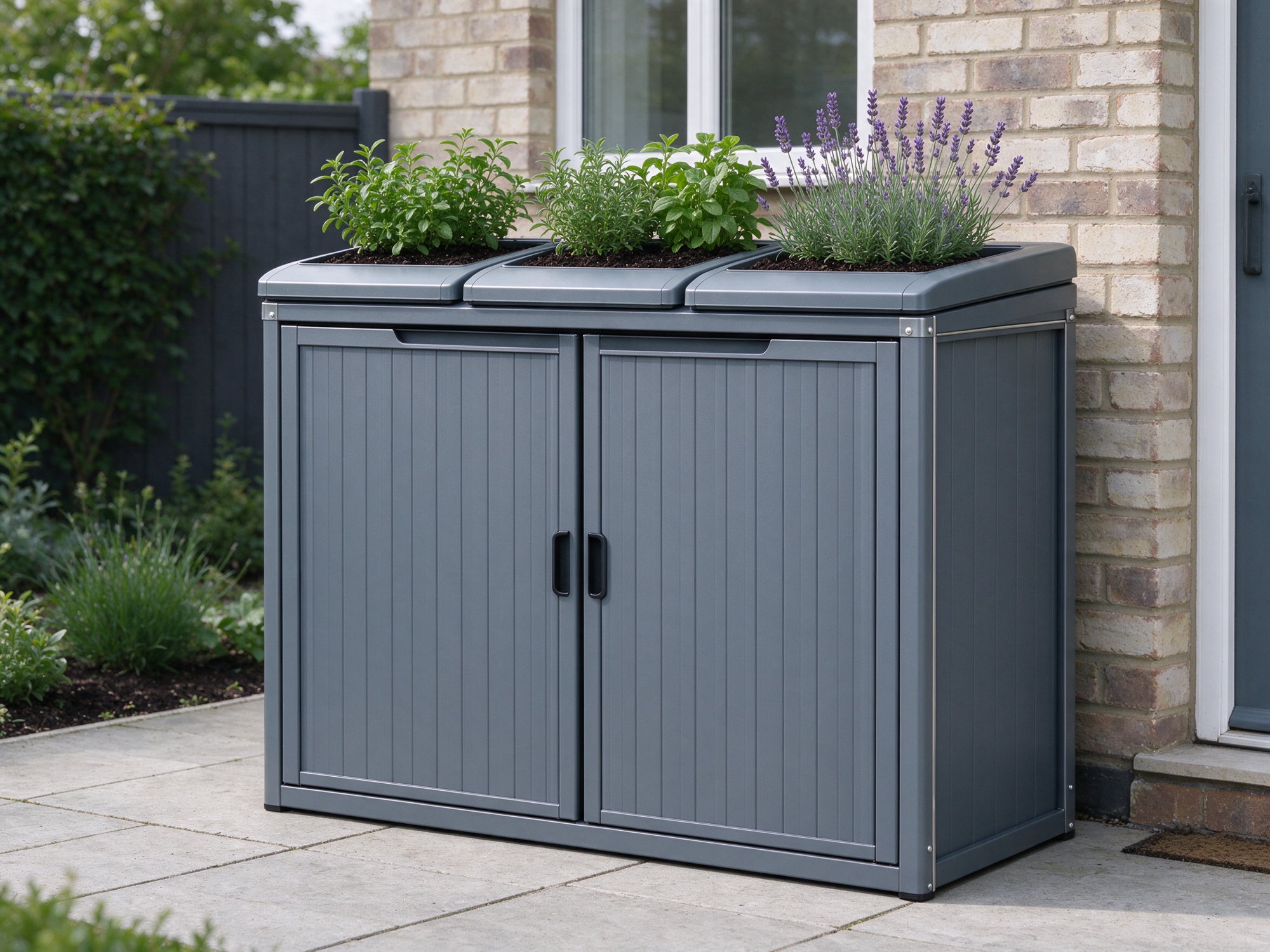 Double Metal Wheelie Bin Store with Planter Roof, Slate Grey Double Metal Wheelie Bin Store with Planter Roof, Slate Grey