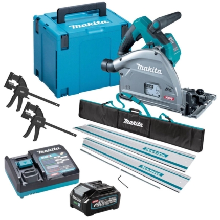 Makita SP001GZ03KIT5 40V Brushless Plunge Saw with 2 x Guide Rail, Connector, Clamp Set & 1 x 4.0Ah Battery Charger