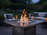 Square Gas Fire Pit Table with Glass Wind Guard, Charcoal