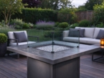 Square Gas Fire Pit Table with Glass Wind Guard, Charcoal