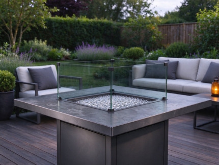 Square Gas Fire Pit Table with Glass Wind Guard, Charcoal