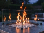 Square Gas Fire Pit Table with Glass Wind Guard, Charcoal