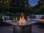 Square Gas Fire Pit Table with Glass Wind Guard, Charcoal